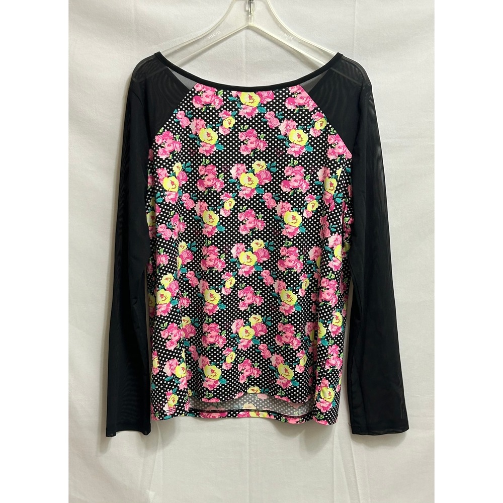 Betsey Johnson Womens XL Floral Polka Dot Mesh Long Sleeve Top Black Pink V-Neck - Picture 11 of 12